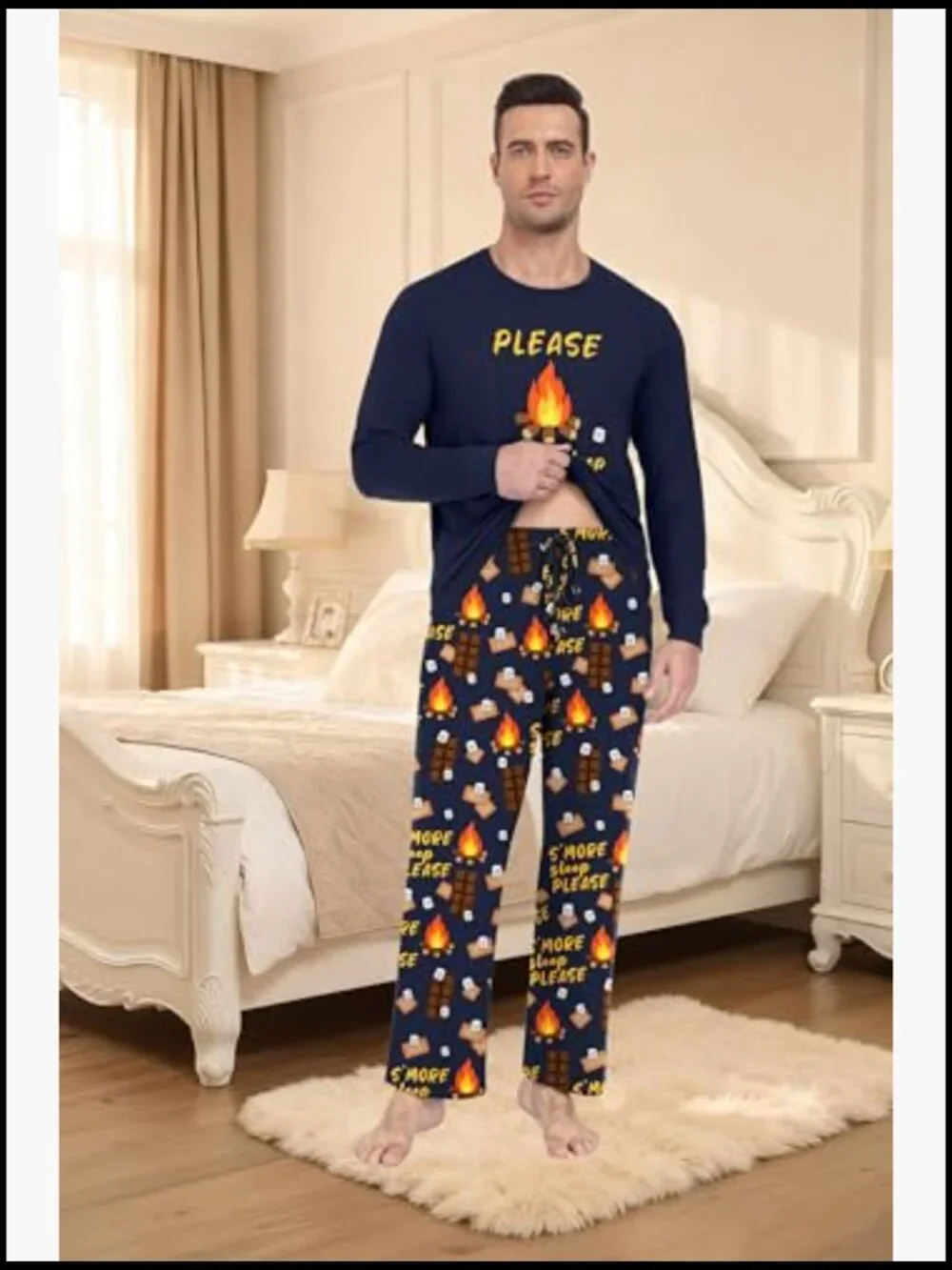 Men's Long Sleeve Pajama Set, Soft Polyester Sleepwear, Loose Fit